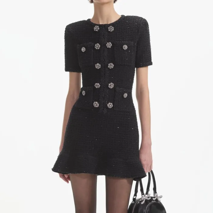 Black Knit Buttoned Mini Dress Women Self Portrait Dresses Black Knit Buttoned Mini Dress Women Self Portrait Dresses