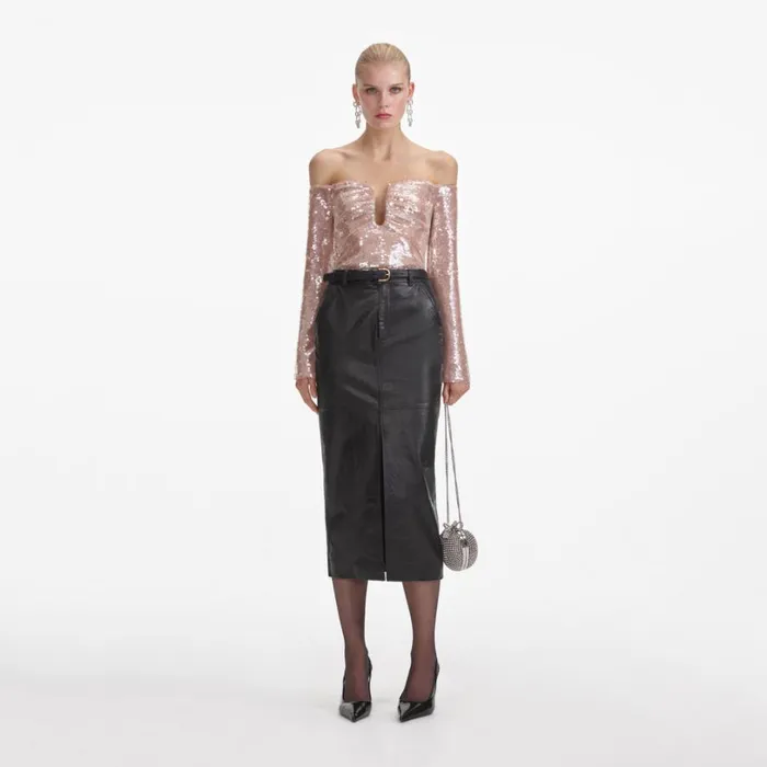 Black Leather Midi Skirt Women Self Portrait Bottoms