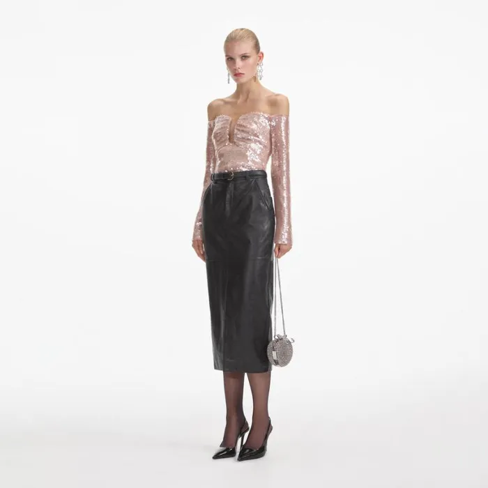 Black Leather Midi Skirt Women Self Portrait Bottoms Black Leather Midi Skirt Women Self Portrait Bottoms
