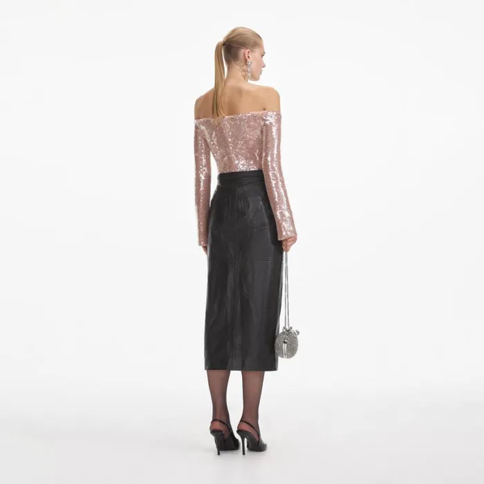 Black Leather Midi Skirt Women Self Portrait Bottoms Black Leather Midi Skirt Women Self Portrait Bottoms