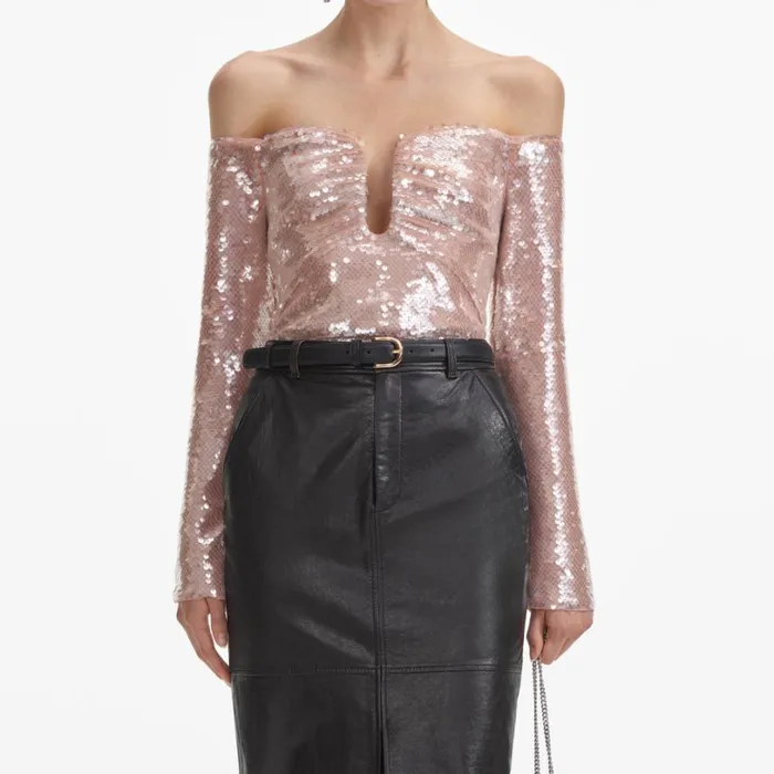 Black Leather Midi Skirt Women Self Portrait Bottoms Black Leather Midi Skirt Women Self Portrait Bottoms