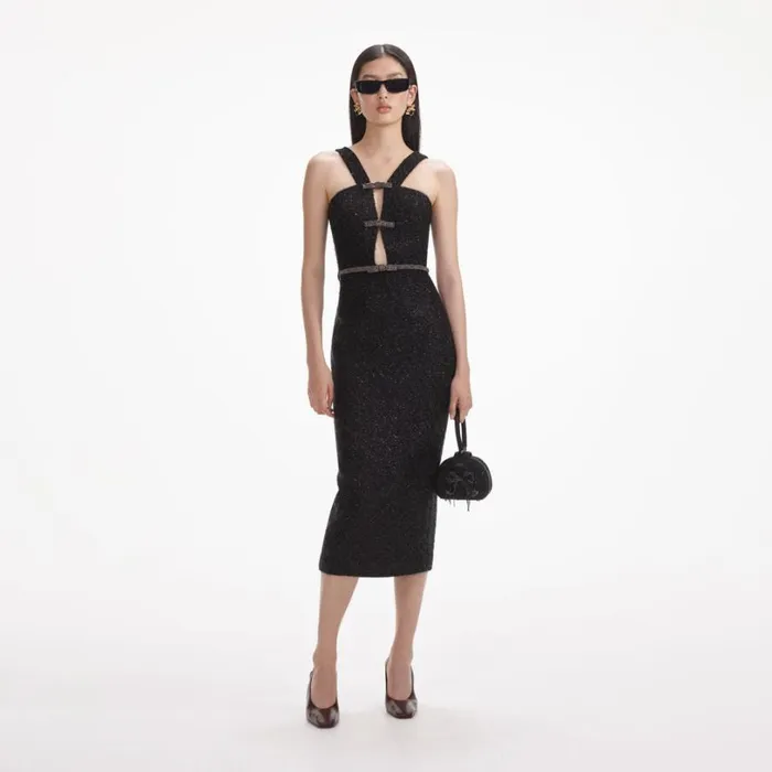 Black Tinsel Boucle Midi Dress Women Self Portrait Dresses
