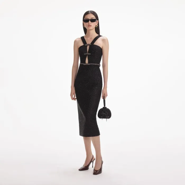 Black Tinsel Boucle Midi Dress Women Self Portrait Dresses Black Tinsel Boucle Midi Dress Women Self Portrait Dresses