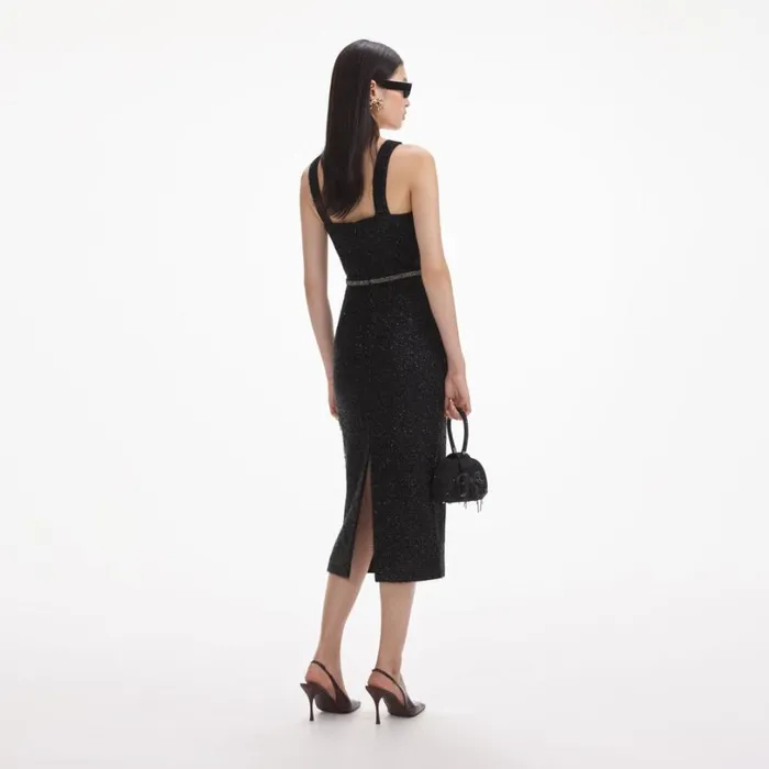 Black Tinsel Boucle Midi Dress Women Self Portrait Dresses Black Tinsel Boucle Midi Dress Women Self Portrait Dresses