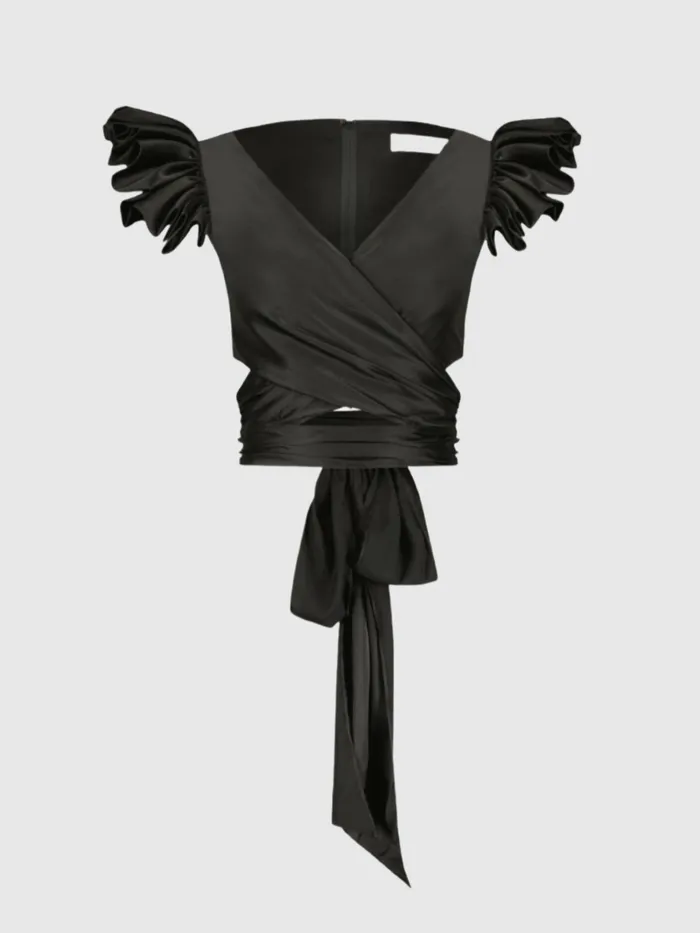 Blouses and Tops Ruffle Cap Sleeve Wrap Top Black Mac Duggal Women