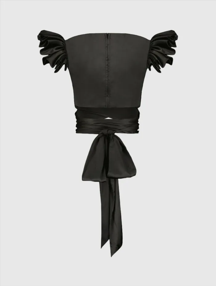 Blouses and Tops Ruffle Cap Sleeve Wrap Top Black Mac Duggal Women