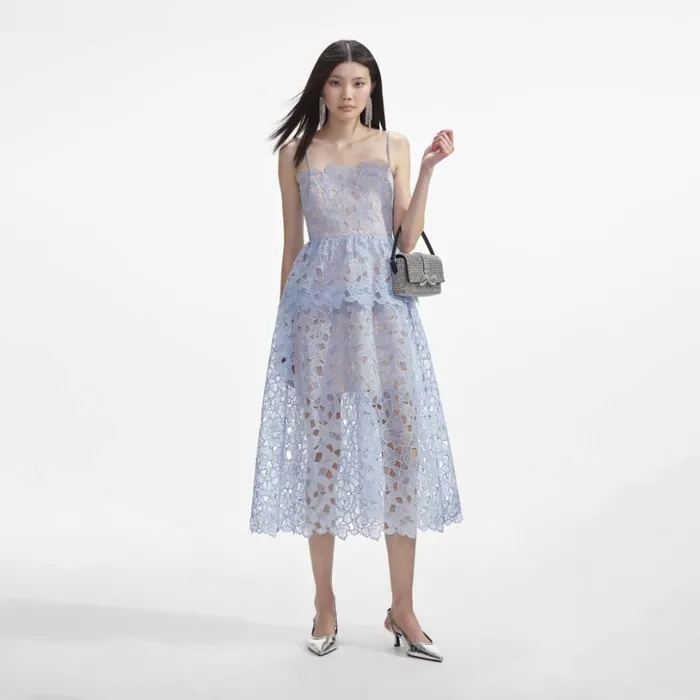Blue Organza Lace Midi Dress Women Self Portrait Dresses