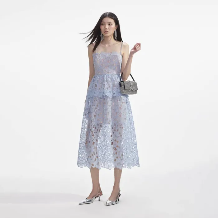Blue Organza Lace Midi Dress Women Self Portrait Dresses Blue Organza Lace Midi Dress Women Self Portrait Dresses