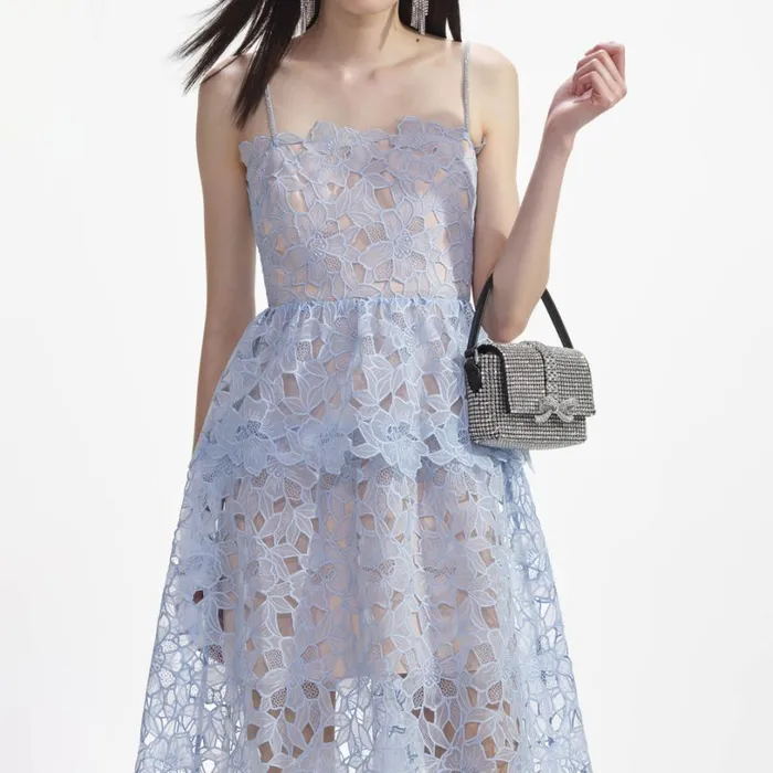 Blue Organza Lace Midi Dress Women Self Portrait Dresses Blue Organza Lace Midi Dress Women Self Portrait Dresses