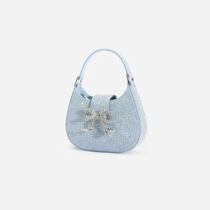 Blue Rhinestone Denim Cresent Bag Women Self Portrait Denim Blue Rhinestone Denim Cresent Bag Women Self Portrait Denim
