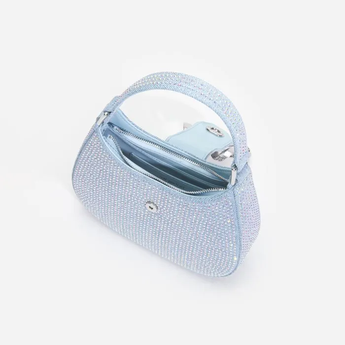 Blue Rhinestone Denim Cresent Bag Women Self Portrait Denim Blue Rhinestone Denim Cresent Bag Women Self Portrait Denim