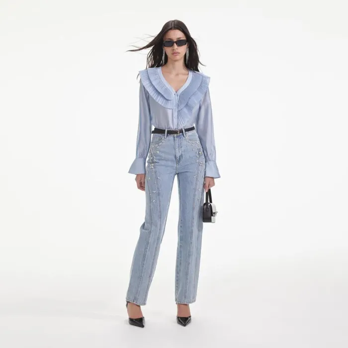 Blue Satin Organza Blouse Women Self Portrait Tops