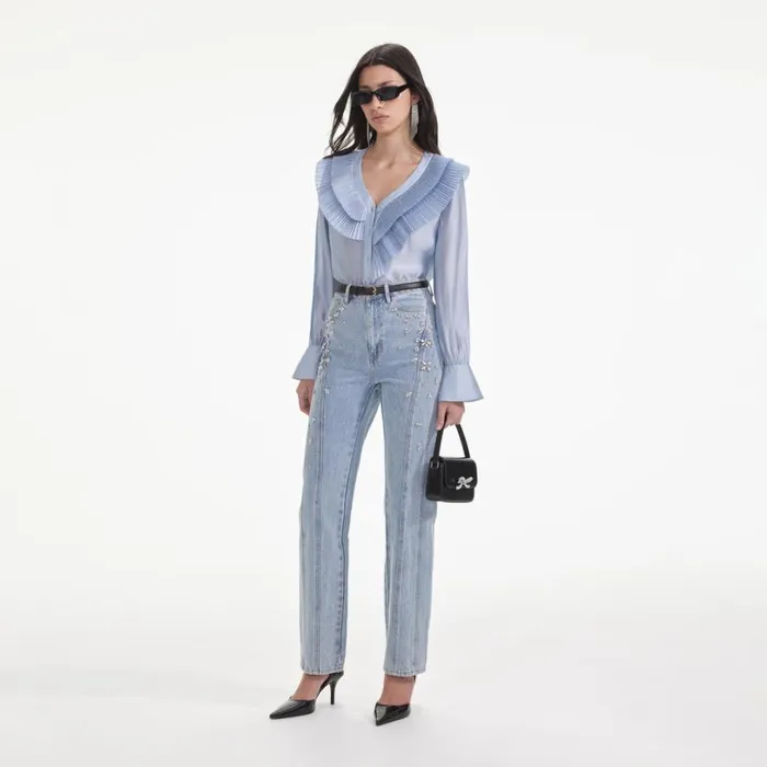 Blue Satin Organza Blouse Women Self Portrait Tops Blue Satin Organza Blouse Women Self Portrait Tops