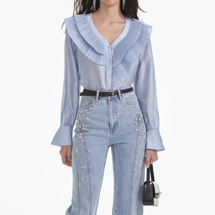 Blue Satin Organza Blouse Women Self Portrait Tops Blue Satin Organza Blouse Women Self Portrait Tops