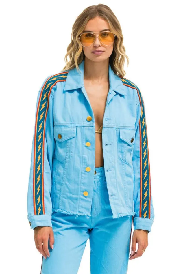 Bolt Stripe Oversized Cutoff Denim Jacket 8211 Sky WomenMen Aviator Nation Denim