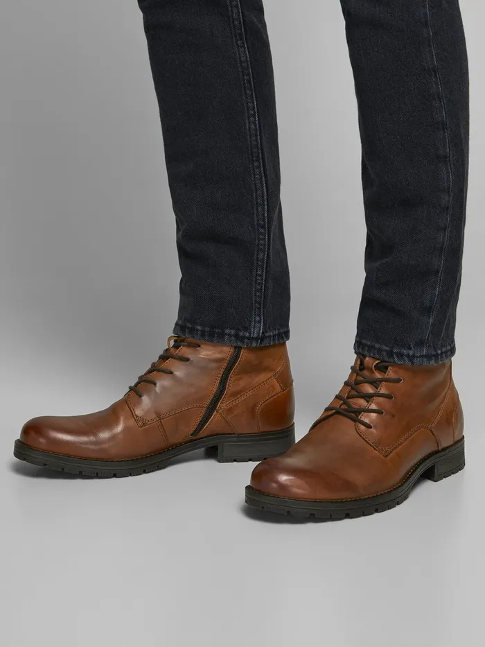 Boots JACK and JONES Mens COW LEATHER BOOTS Brown Cognac Gift for Friend