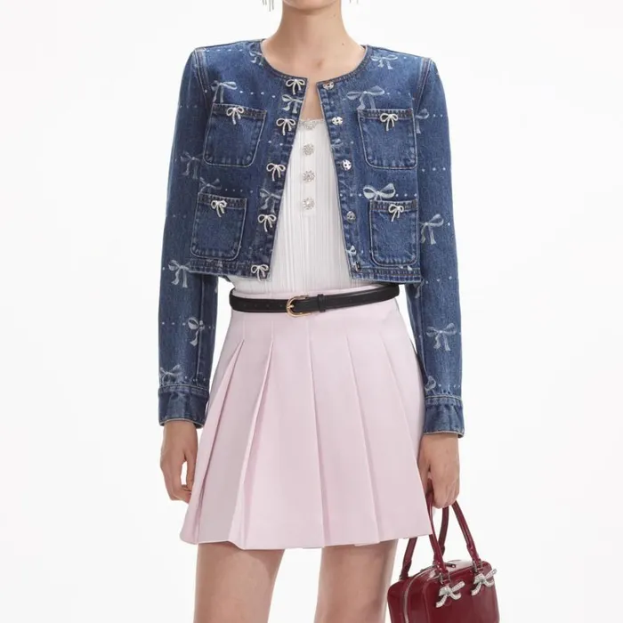Bow Print Denim Jacket Women Self Portrait Outerwear Bow Print Denim Jacket Women Self Portrait Outerwear