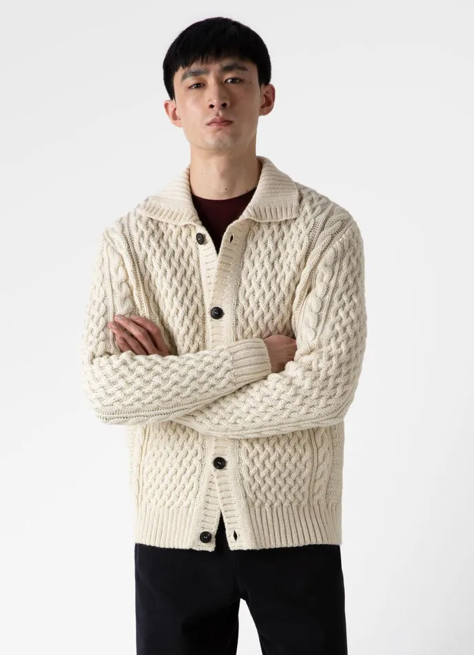 Cable Knit Cardigan Jacket Ecru Men SUNSPEL Knitwear