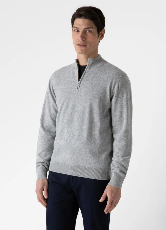 Cashmere Zip Neck Jumper Grey Melange Men SUNSPEL Knitwear