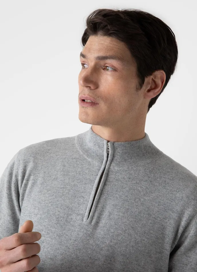 Cashmere Zip Neck Jumper Grey Melange Men SUNSPEL Knitwear