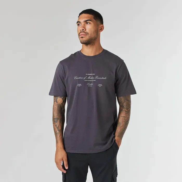 Closure London Deluxe Script TShirt Charcoal Men TShirts