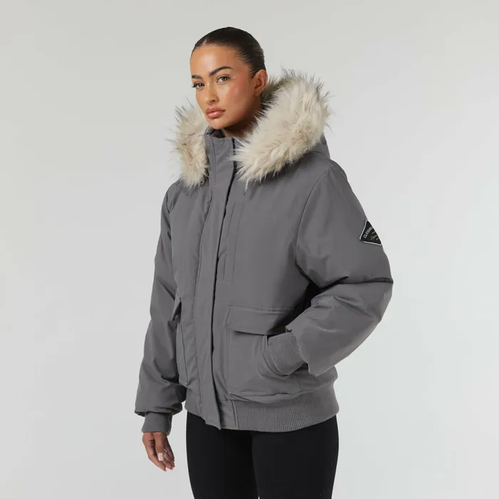Closure London Faux Fur Cropped Parka Charcoal Women Coats and Jackets
