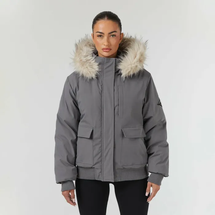 Closure London Faux Fur Cropped Parka Charcoal Women Coats and Jackets