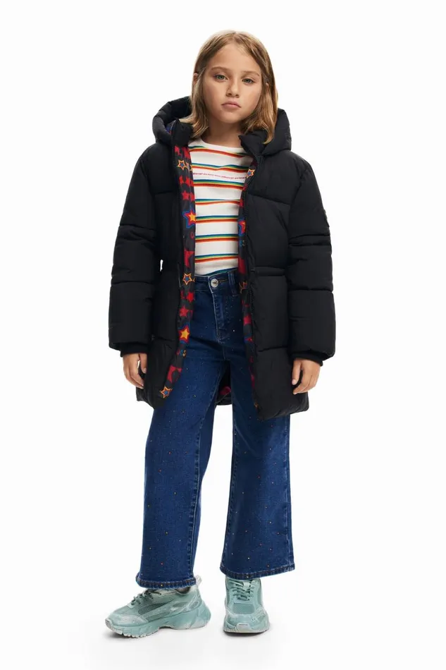 Coats And Jackets Kids Desigual Long Coat Large Hood Pockets Black