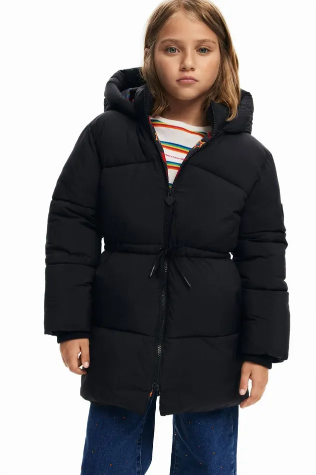 Coats And Jackets Kids Desigual Long Coat Large Hood Pockets Black