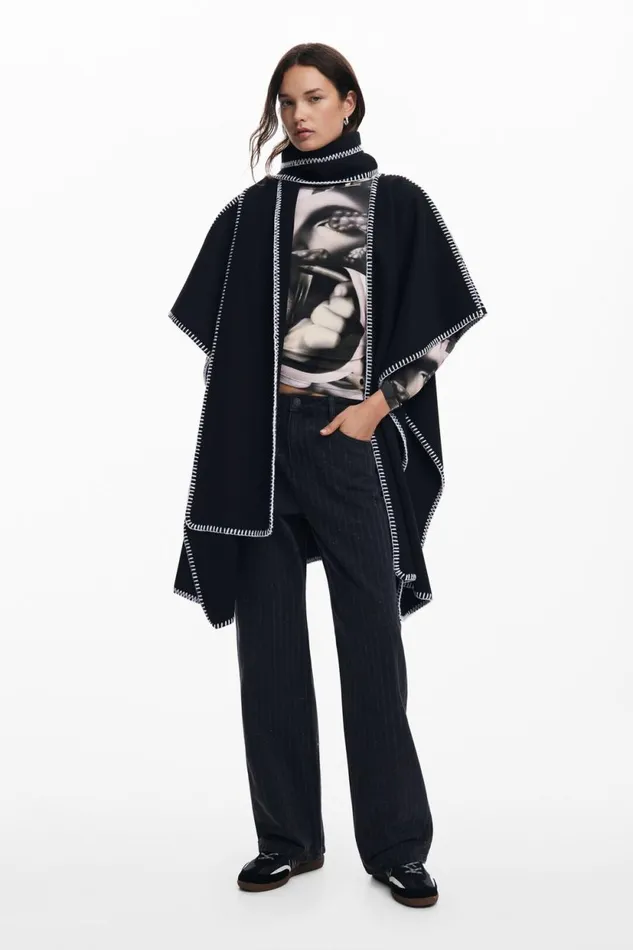 Coats And Jackets Women Desigual Poncho With Scarf Black