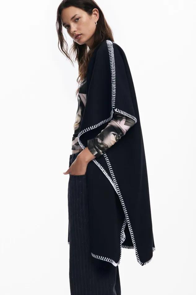Coats And Jackets Women Desigual Poncho With Scarf Black