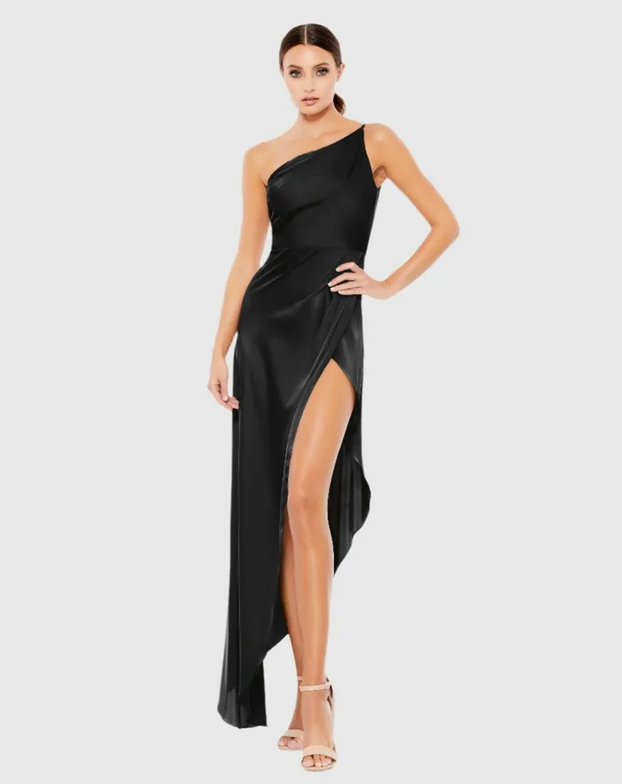 Cocktail Dresses Mac Duggal Women Black One Shoulder HiLow Draped Charmeuse Dress Black Cocktail Dresses Mac Duggal Women Black One Shoulder HiLow Draped Charmeuse Dress Black