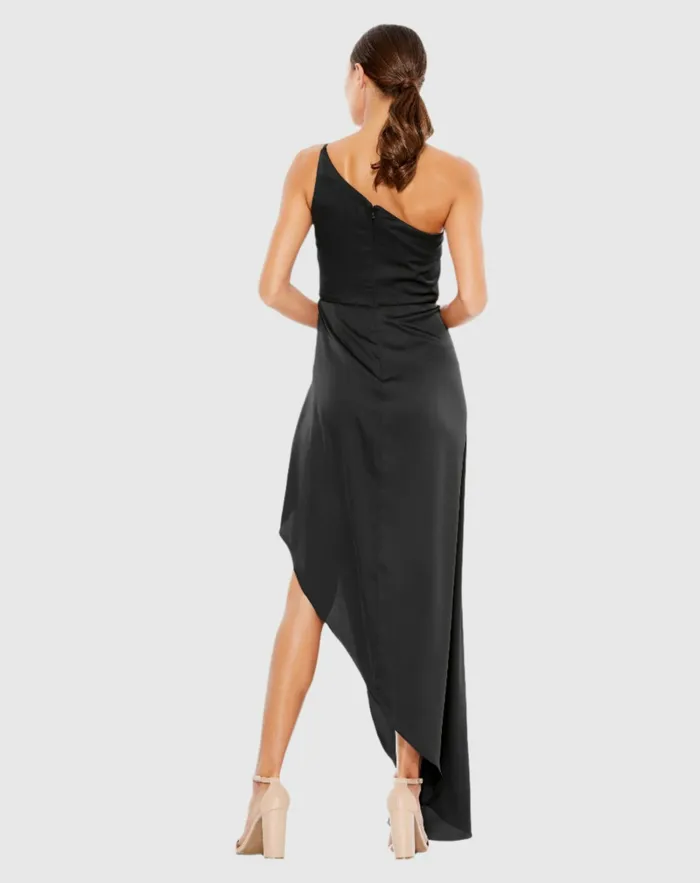 Cocktail Dresses Mac Duggal Women Black One Shoulder HiLow Draped Charmeuse Dress Black