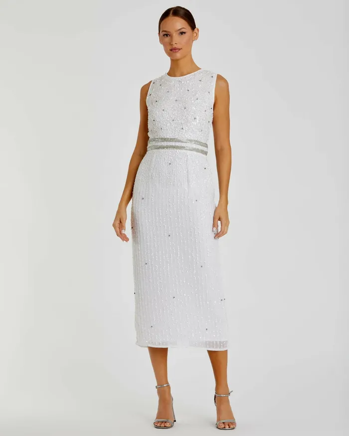 Cocktail Dresses Sleeveless High Neck Beaded Midi Sheath Dress White Mac Duggal Women Cocktail Dresses Sleeveless High Neck Beaded Midi Sheath Dress White Mac Duggal Women