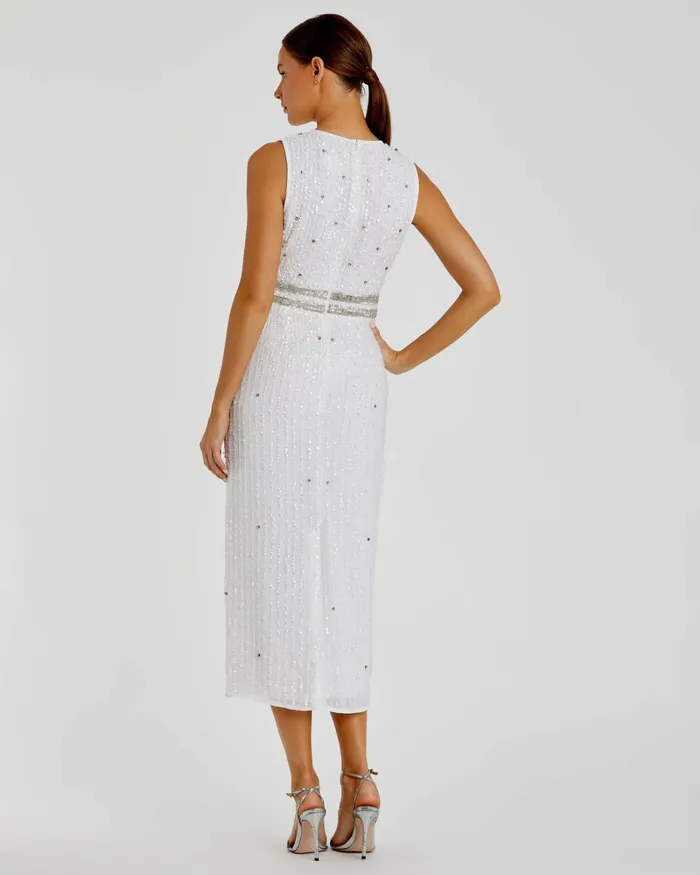 Cocktail Dresses Sleeveless High Neck Beaded Midi Sheath Dress White Mac Duggal Women