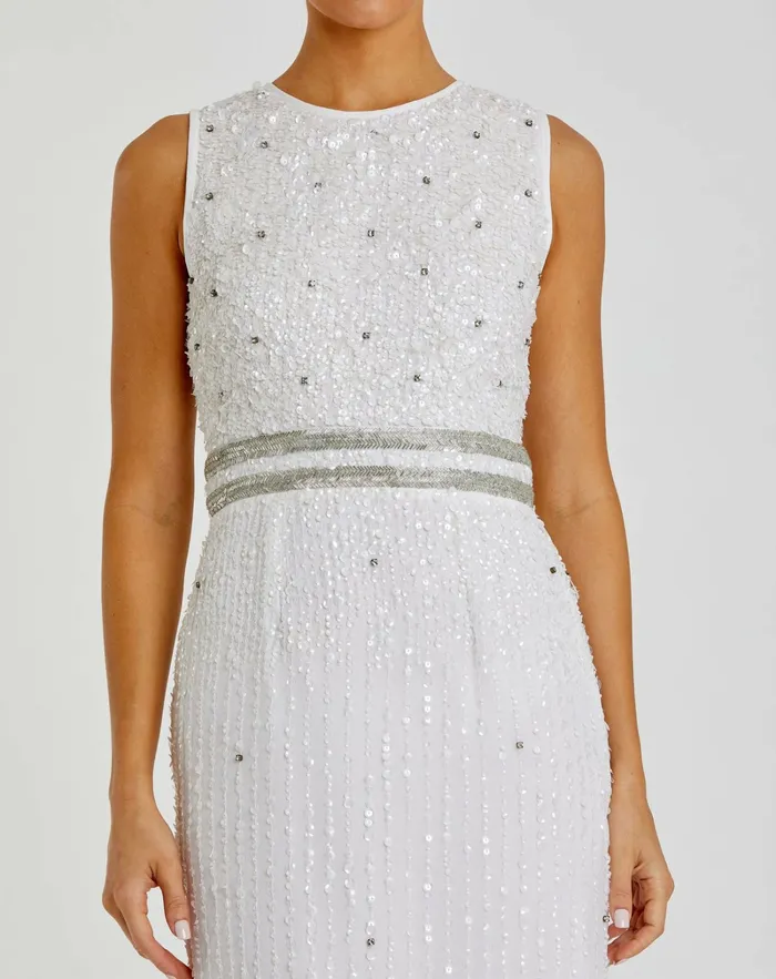 Cocktail Dresses Sleeveless High Neck Beaded Midi Sheath Dress White Mac Duggal Women