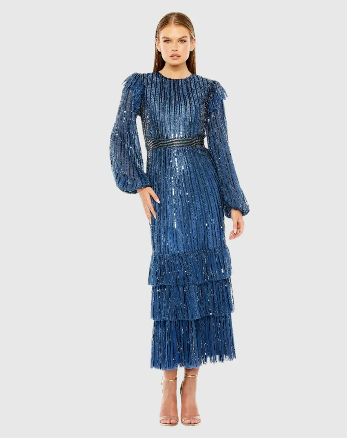 Cocktail Dresses Women Mac Duggal Blue Long Sleeve Ruffle Detail Sequin Dress Midnight Cocktail Dresses Women Mac Duggal Blue Long Sleeve Ruffle Detail Sequin Dress Midnight