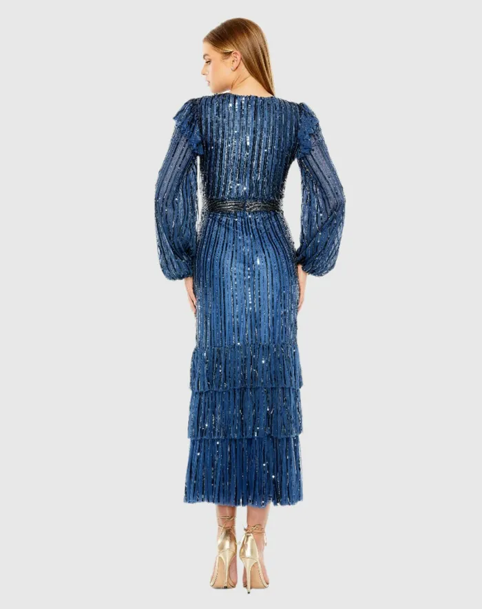 Cocktail Dresses Women Mac Duggal Blue Long Sleeve Ruffle Detail Sequin Dress Midnight