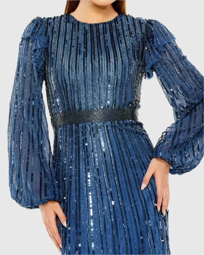 Cocktail Dresses Women Mac Duggal Blue Long Sleeve Ruffle Detail Sequin Dress Midnight