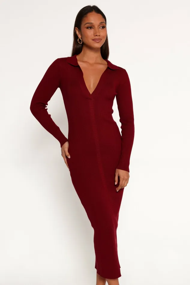 Collins Long Sleeve Midi Dress Wine Women Sweater Dresses Petal and Pup