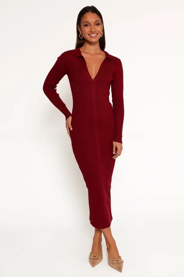 Collins Long Sleeve Midi Dress Wine Women Sweater Dresses Petal and Pup