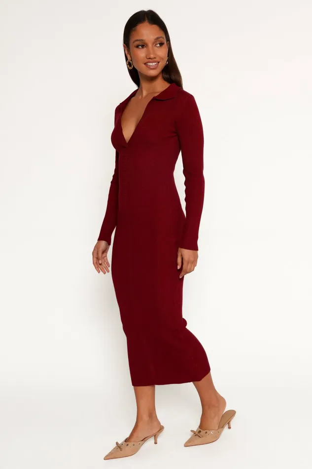 Collins Long Sleeve Midi Dress Wine Women Sweater Dresses Petal and Pup
