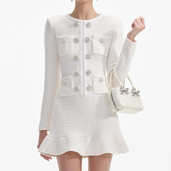 Cream Buttoned Knit Mini Dress Women Self Portrait Dresses Cream Buttoned Knit Mini Dress Women Self Portrait Dresses