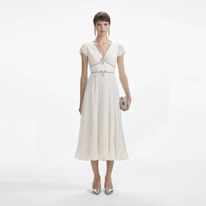 Cream Chiffon Pleated Midi Dress Women Self Portrait Dresses