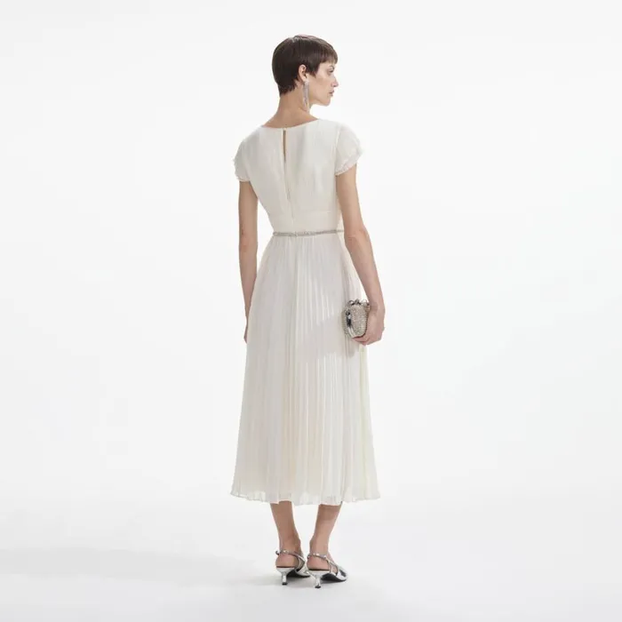 Cream Chiffon Pleated Midi Dress Women Self Portrait Dresses Cream Chiffon Pleated Midi Dress Women Self Portrait Dresses