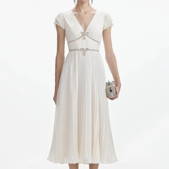 Cream Chiffon Pleated Midi Dress Women Self Portrait Dresses Cream Chiffon Pleated Midi Dress Women Self Portrait Dresses