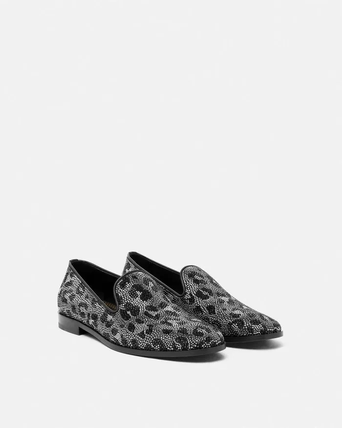 Crystal Leopard Medusa Slippers Blacksilver Men Versace Loafers and Slippers