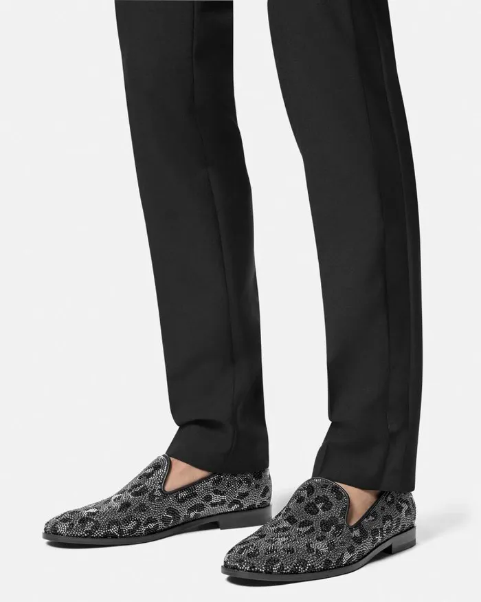 Crystal Leopard Medusa Slippers Blacksilver Men Versace Loafers and Slippers