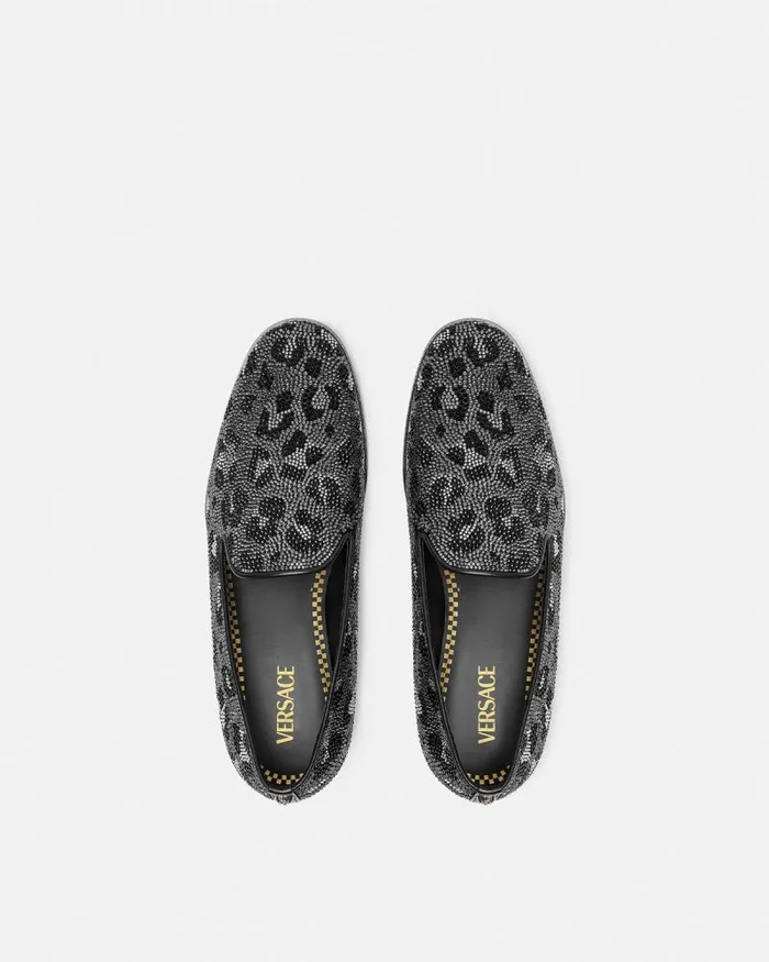 Crystal Leopard Medusa Slippers Blacksilver Men Versace Loafers and Slippers