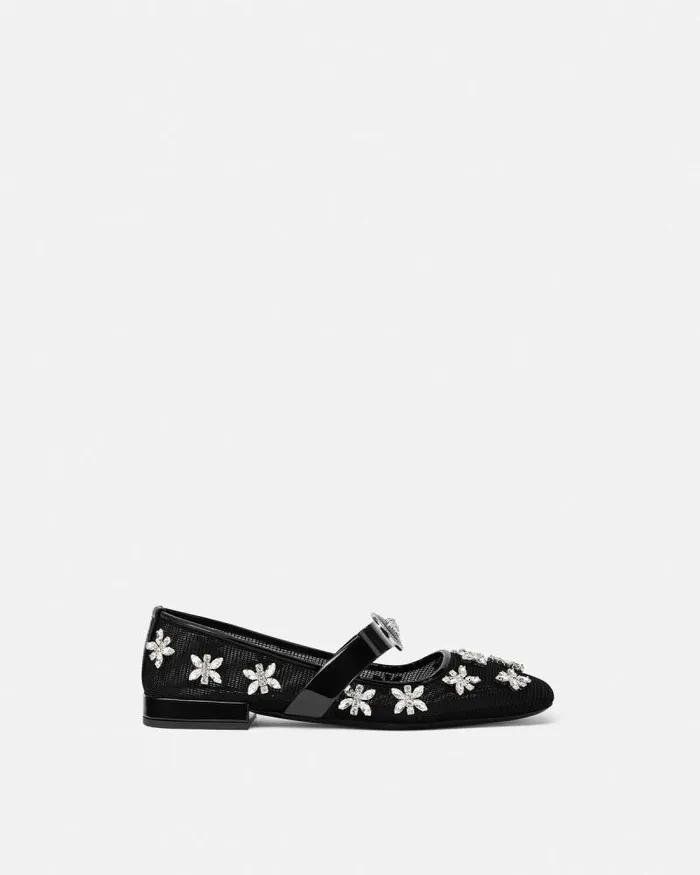Crystal Mesh Gianni Ribbon Ballerinas Blacksilver Women Versace Loafers and Flats